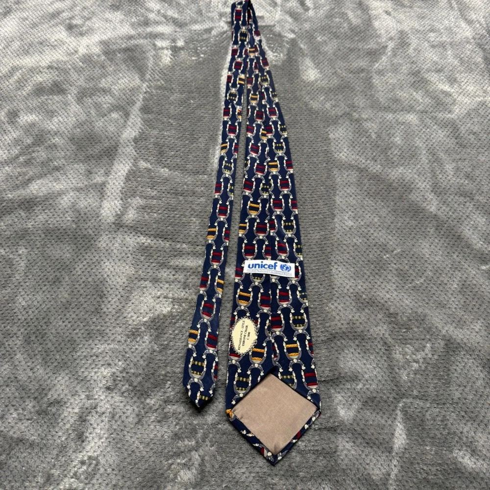 UNICEF Men Silk Tie Navy Blue Renaissance Throne Chair Novelty Print Made in USA